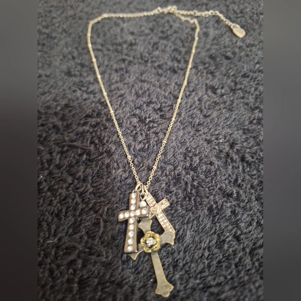 Betsey Johnson Multi Tone Gold Cross Trio Necklace - Rhinestone